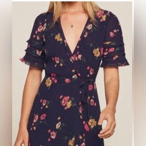 Reformation Wrap Front Mini Dress - navy with floral print